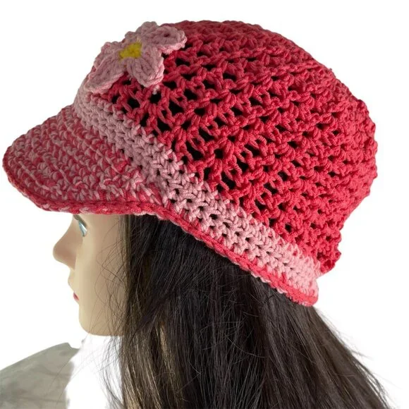 Crochet Baseball Cap Ponytail Hat Breathable Pattern Pink Adult Size Handmade - Picture 5 of 8